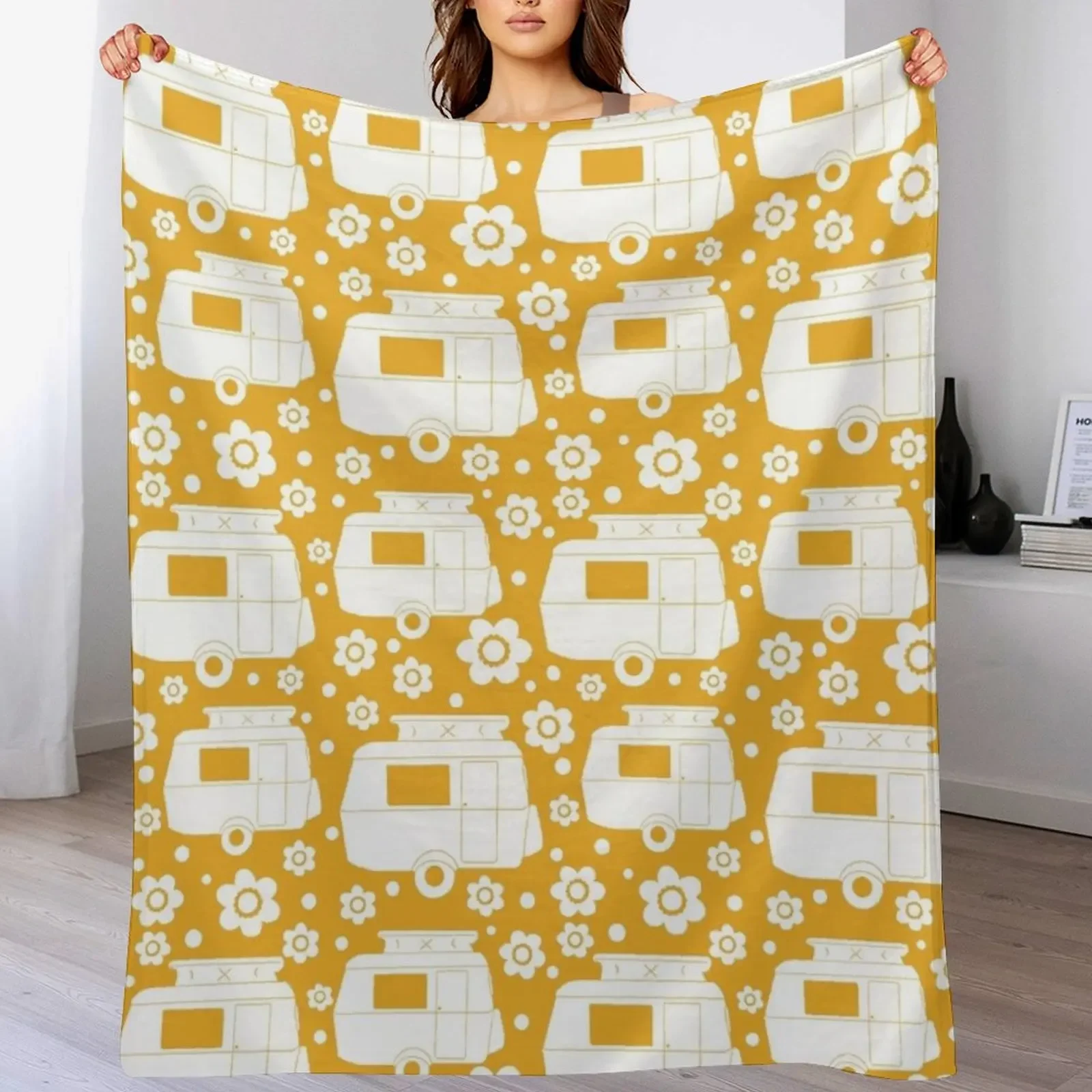 Daisy Polka Dot Vintage Caravan Pattern in Mustard Yellow and White Throw Blanket Plush Cute Blankets