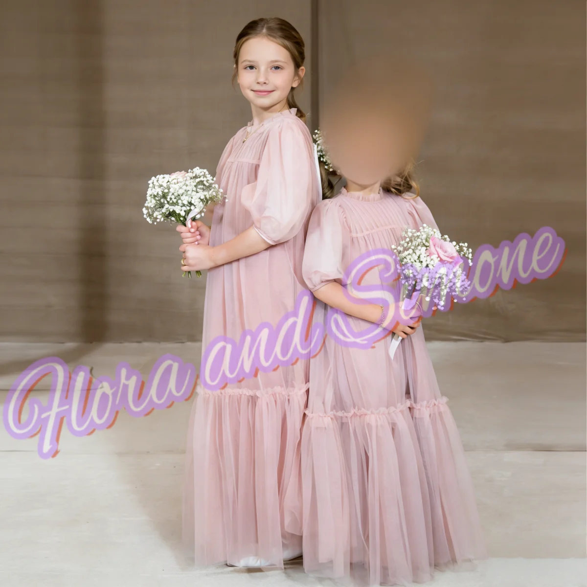 فستان فتاة الزهور من التول الوردي المتدرج نصف كم لحفلات الزفاف وأعياد الميلاد والولائم وحفلات التواصل المقدس حسب الطلب #1