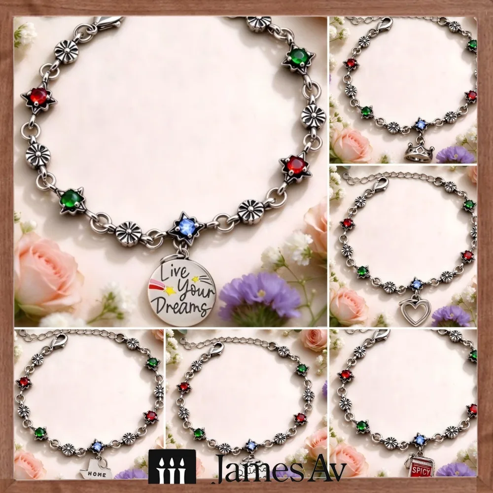 2027 S925SilverFlower Star Crystal Bracelet DIY Charms Live Your Dreams Crown Heart Texas Home Spicy Sauce Pendant Inspirational
