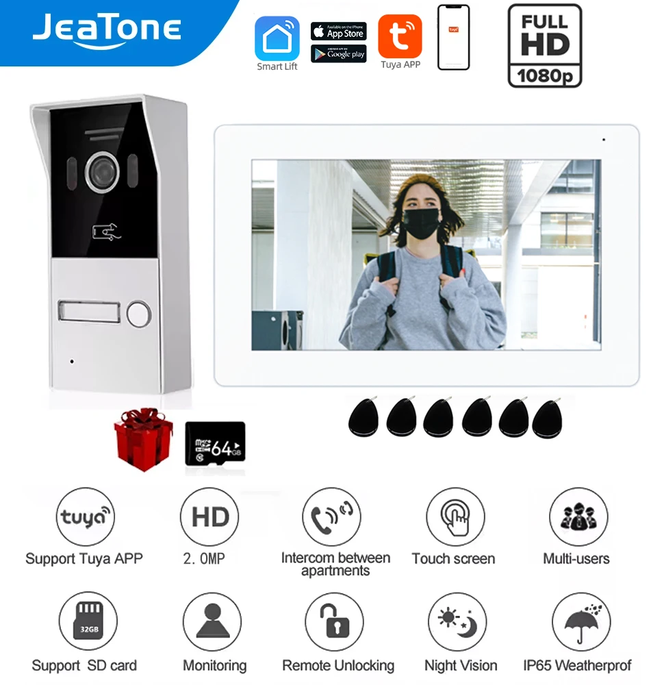 

Jeatone 2 проводной умный дом Tuya Wifi 1080P видеодомофон 7 ''цветной сенсорный экран частные дома Система безопасности RFIC карта