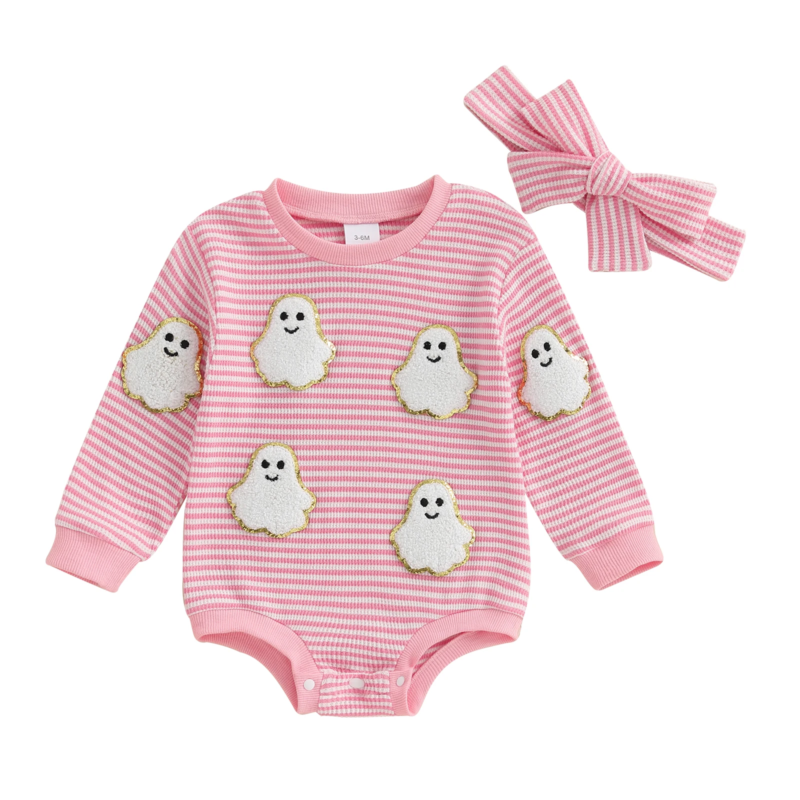 

Baby Girl Halloween Outfit Ghost Pumpkin Pattern Striped Long Sleeve Romper with Headband 2 Pcs Set for Fall