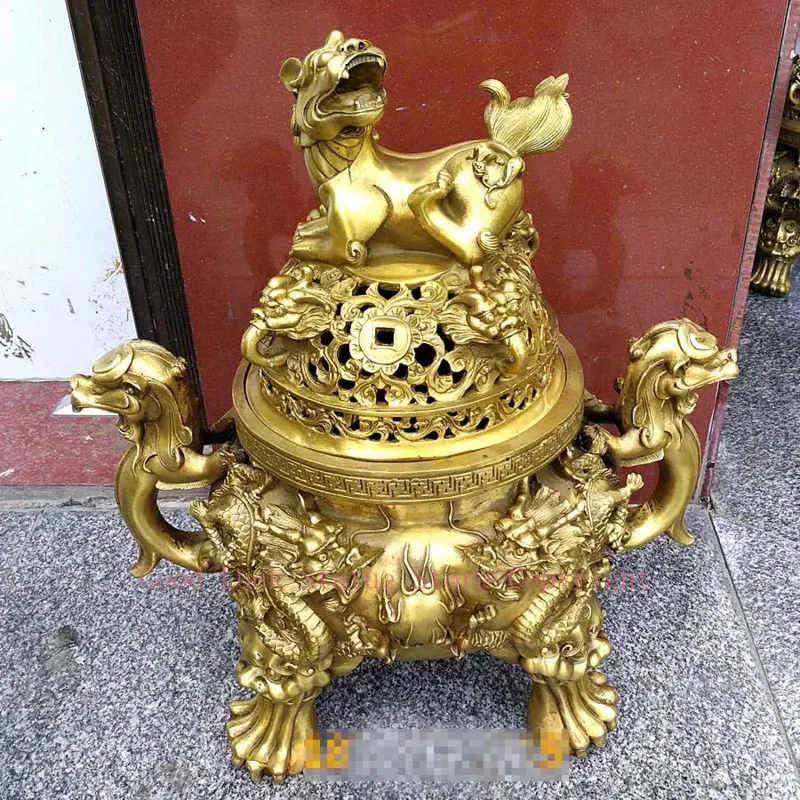 62CM Huge home temple Mansion efficacious Mascot talisman thriving business good luck gold dragon PI XIU COPPER Fortune tripod