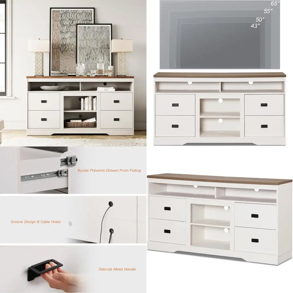 حامل تلفزيون خشبي عتيق مقاس 65 بوصة مع أدراج وأرفف قابلة للتعديل، ومركز ترفيه للوسائط الطويلة لأجهزة التلفاز الكبيرة