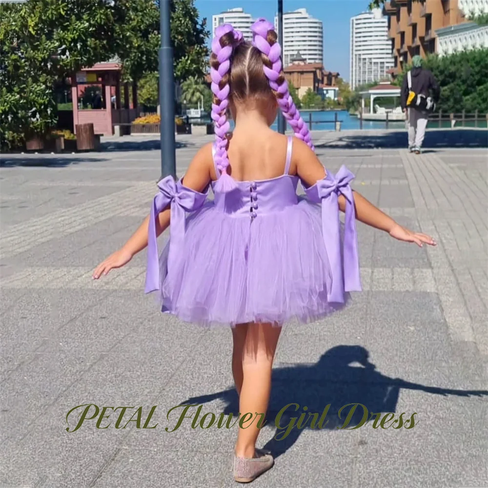Petal Lavender A Line Flower Girl Dress Knee Length Baby Kids Birthday Dress Spaghetti Strap Pageant Dress for Girl Customized