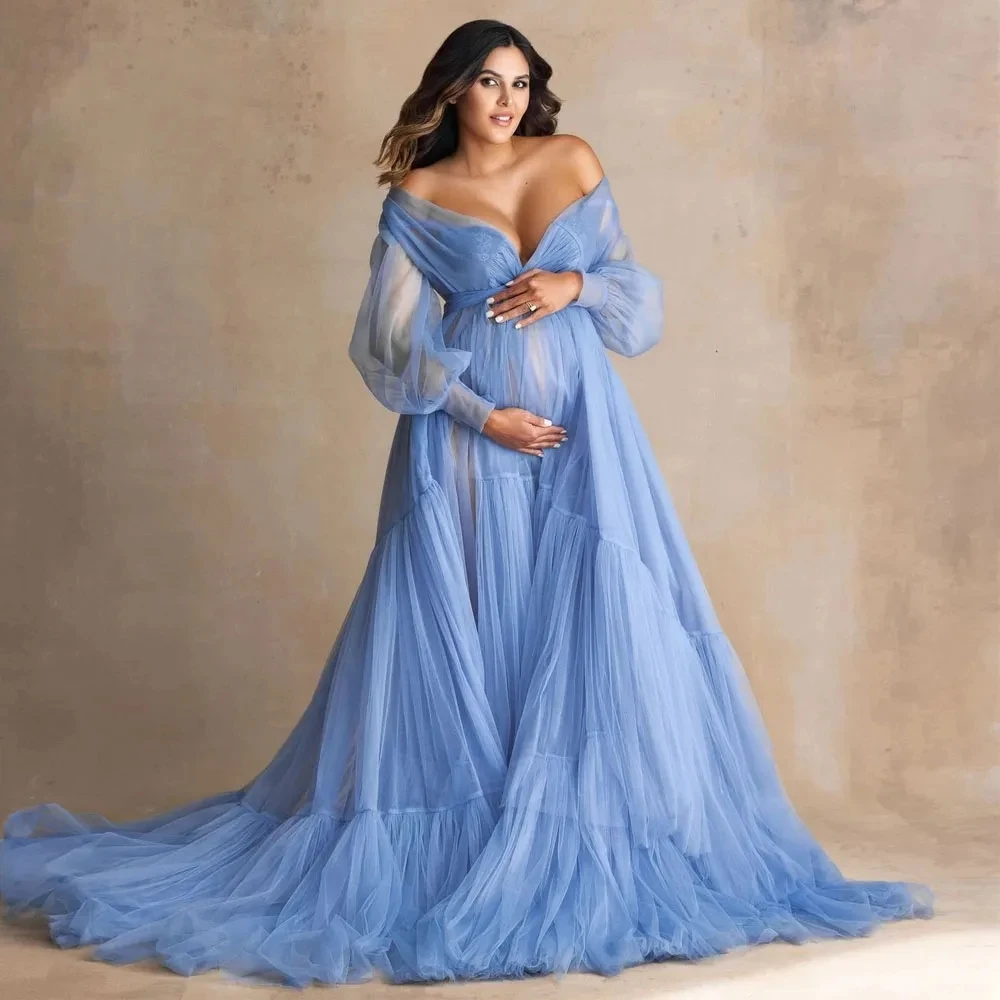 

Fluffy Blue Ruffle Tulle Maternity Dress for Photoshoot Off Shoulder Pregnancy Photography Maternity Gown Robes