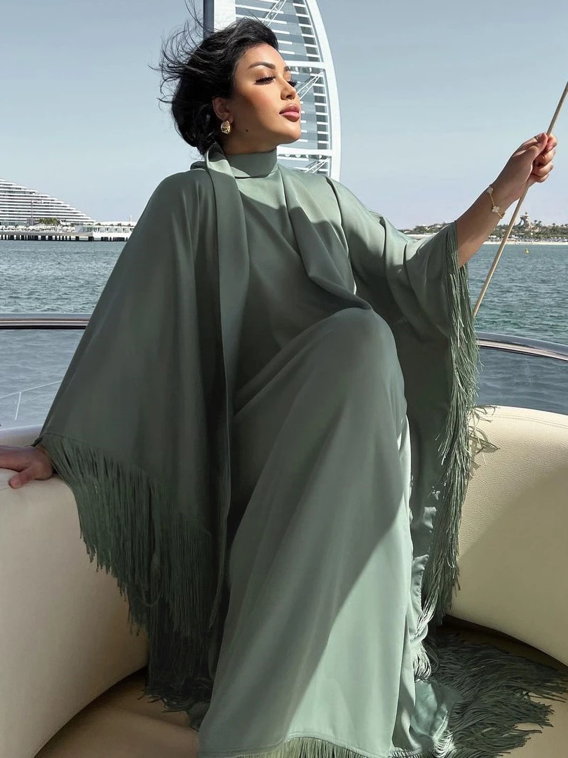 Eid Ramadan Muslim Women Dresses Tassel Bat Sleeve Party Abaya Long Dress Morocco Kaftan Vestidos Dubai Turkey Robe Jalabiya