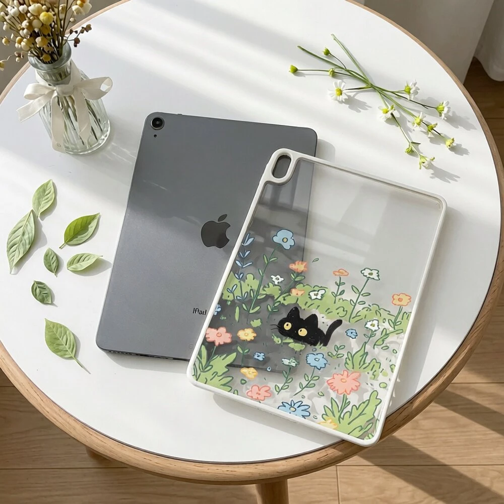 Korean Black Cat In Flower Cluster Claer Cover For iPad Pro 13 11th M5 M4 12.9 A16 10 8 7 9th 10th Air 11 M2 M3 Mini Tablet Case