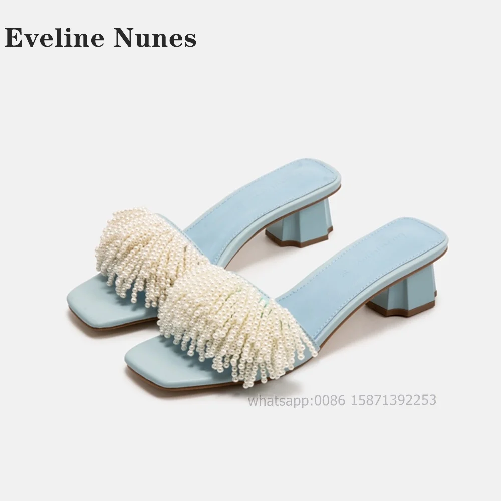 

Pearl String Bead Fringe Slides Square Toe Strange Style Slip On Solid Women Sandals Concise Vacation Elegant Shoes 2024 Summer