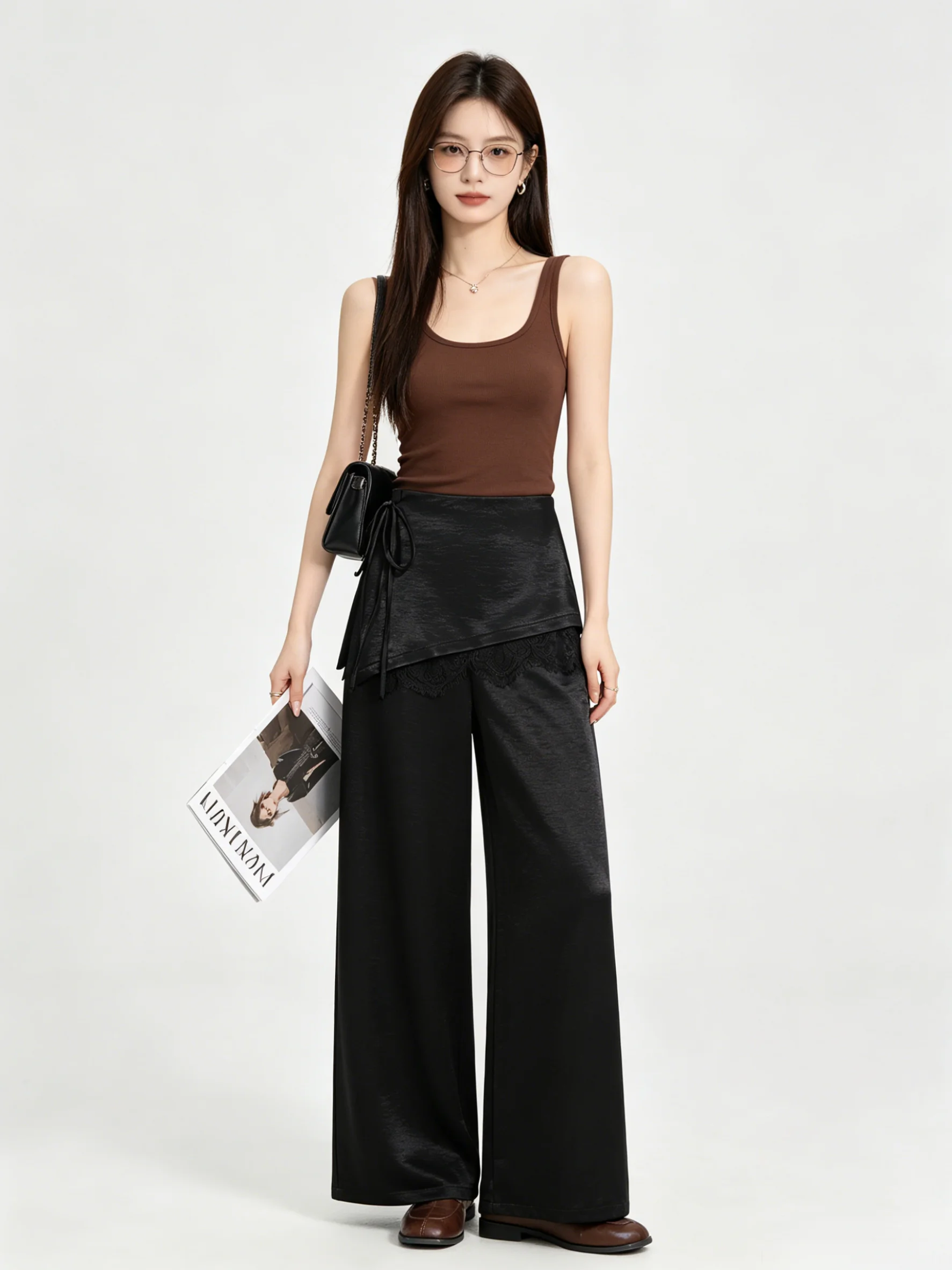 Elegant Vintage Lace Panel Wide Leg Pants High Waist Slimming Drape Casual Design Sensation Summer Leisure Pants