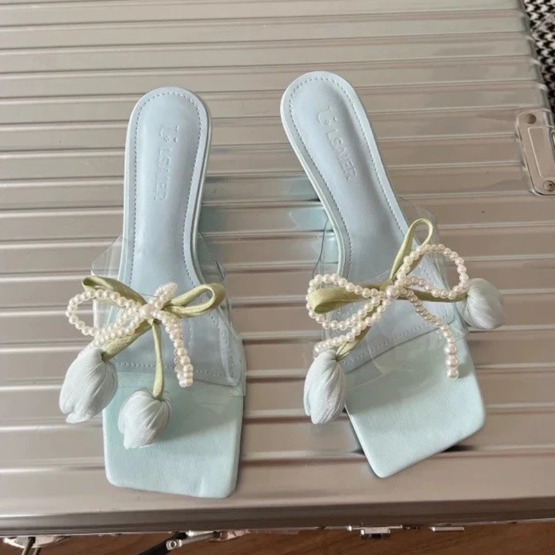 

Flower Beaded Women Wedges Sandals Pvc Slippers Square Toe Shoes Summer 2025 High Heels Elegant Dress Shoes Mujer Flip Flops