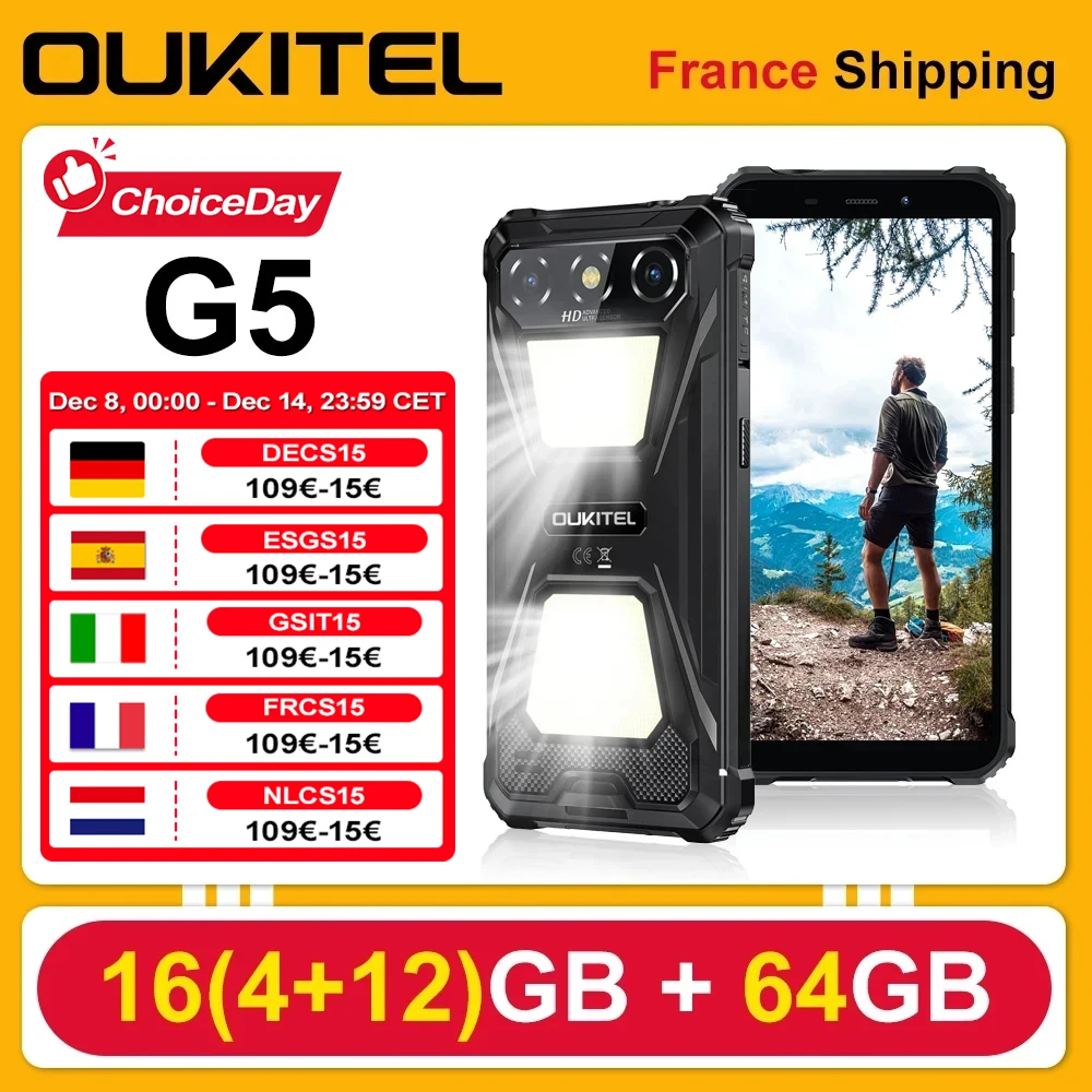 Oukitel G5 Smartphone robuste Android 14 16(4 +12)GB RAM 64GB ROM double lumi�res de Camping 4G 6300mAh 13MP 6.0 ''HD t�l�phone portable