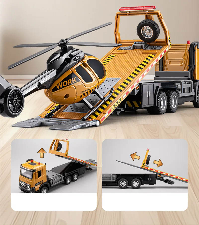 1: 30 alloy Pull back trailer rescue vehicle model,rescue helicopter toy,simulated sound and light,wholesale