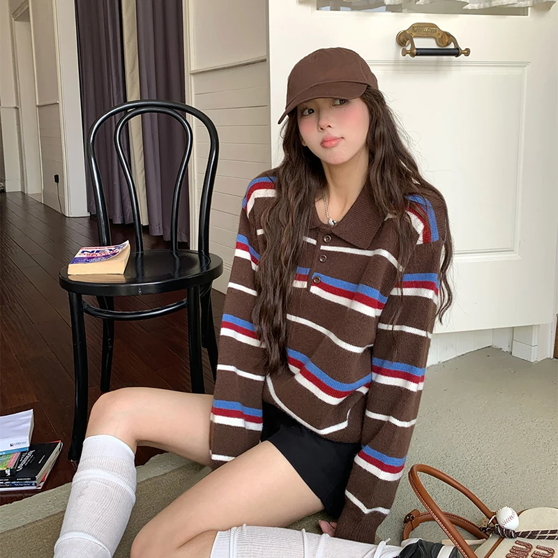 

Harajuku Y2K Striped Knitted Sweaters for Women Autumn New Streetwear Loose Lapel Pullovers Tops Japanese Retro Sweater Jumpers