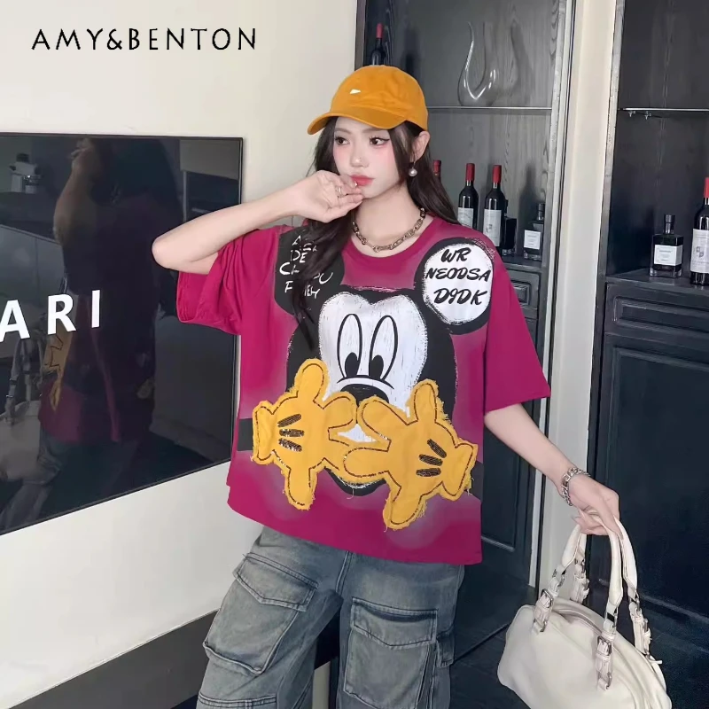 

Heavy Craft Cartoon Applique Sequin Cartoon Short-sleeves T-shirt For Women's 2026 Spring Loose Casual Short Top Pullover Tshirt