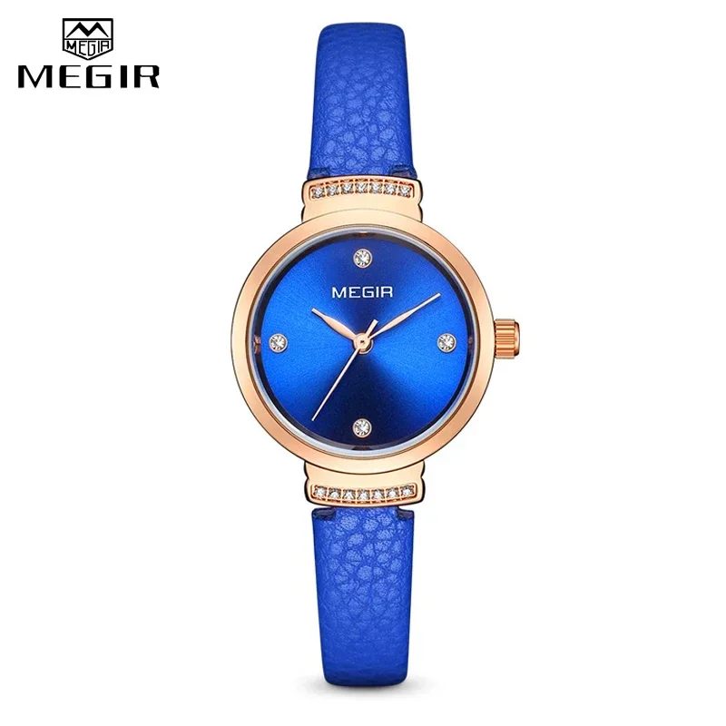 MEGIR-Montre Quartz de Luxe pour Femme, Élégante, en Cuir Bleu, Petite Robe, à la Mode