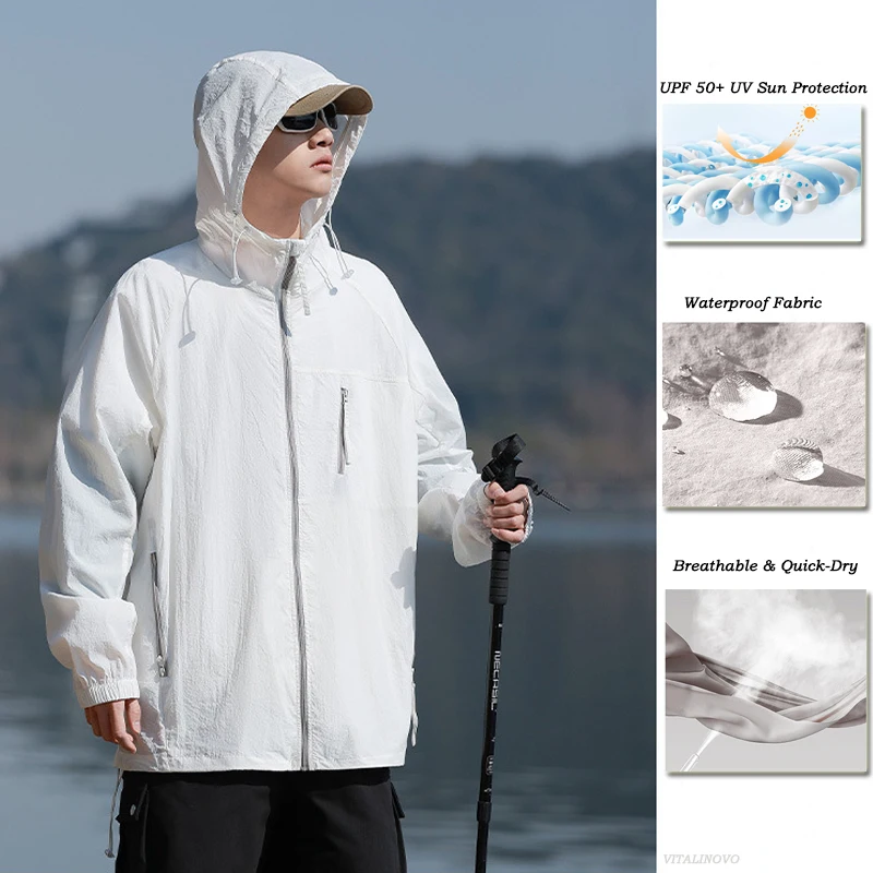VITALINOVO Unisex Outdoor Waterproof Lightweight Jacket Men's UPF 50+ Sun Protection Full Zip Hoodies Long Sleeve Shirts Hiking