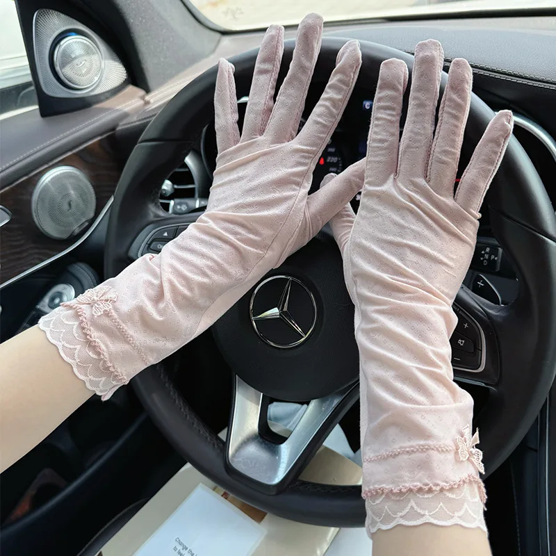 قفازات واقية من الشمس من الحرير الجليدي للنساء متوسطة إلى طويلة للصيف أثناء القيادة وركوب الدراجات ومضادة للانزلاق وشاشة تعمل باللمس ومقاومة للأشعة فوق البنفسجية ورقيقة ومسامية