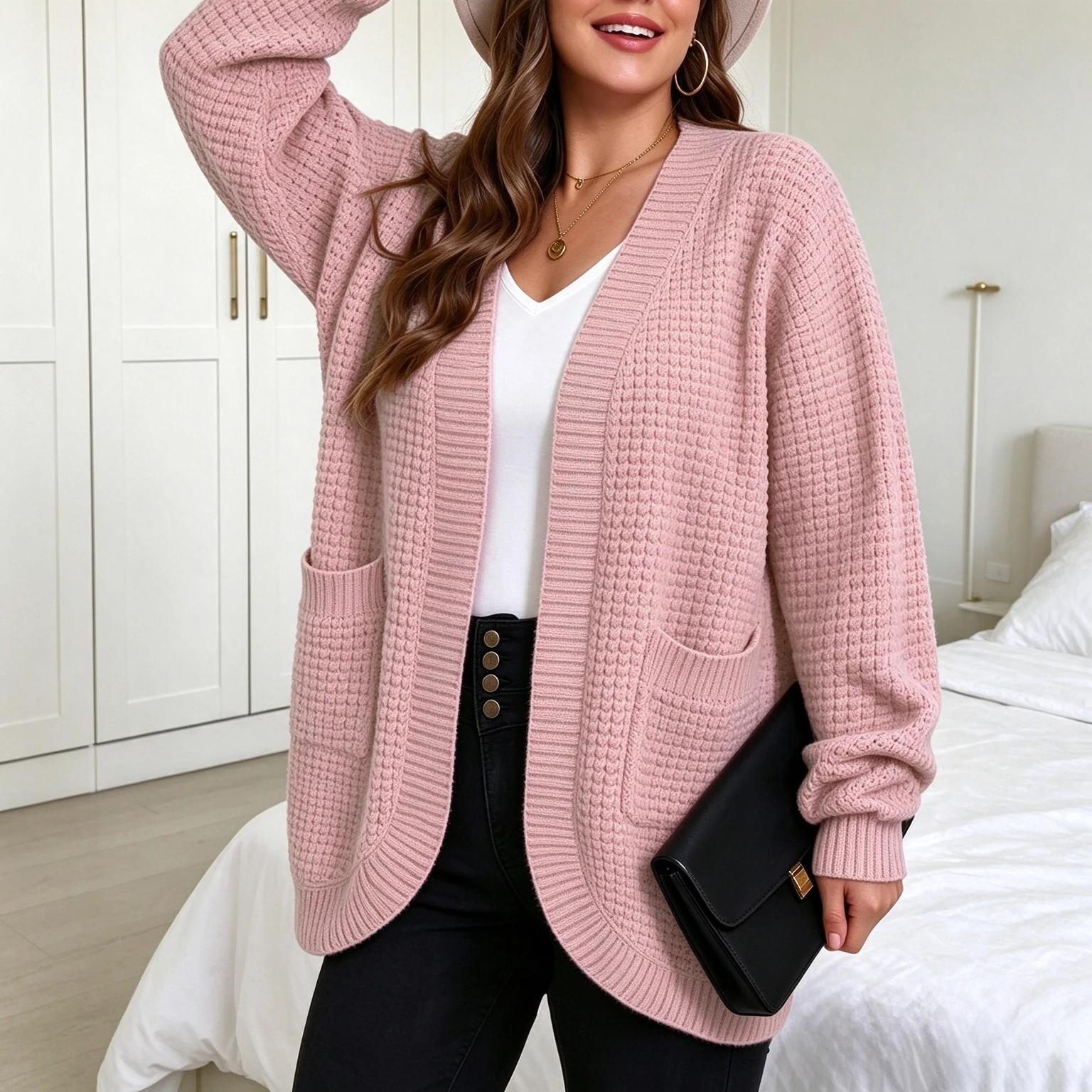 Plus Size Women's Elegant Open Cardigan Knitted Sweater Fall Winter Outerwear Loose Pocket Long Sleeve Top for Vacation Casual