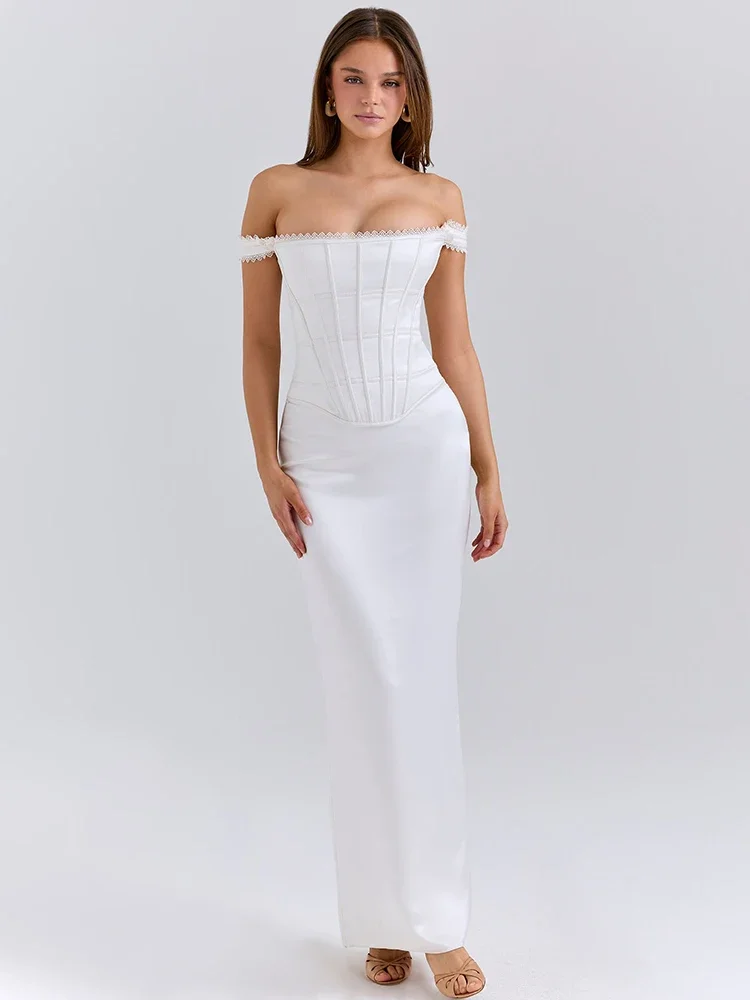 

Satin Off-shoulder Backless Sexy Maxi Dress Women Fashion White Strapless Sleeveless Back Split Club Party Long Dress