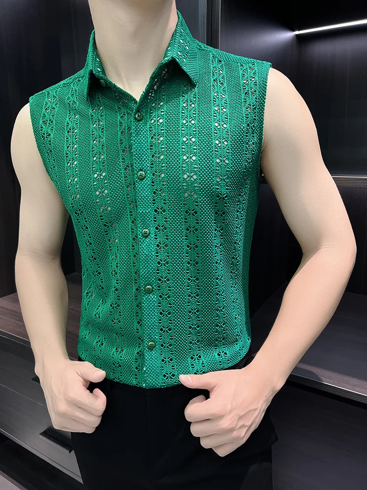 Sexy Hollow Out Sleeveless Shirts Men Trendy Summer Ice Silk Casual Shirt Slim Fit Social Nightclub Stage Performance Costumes