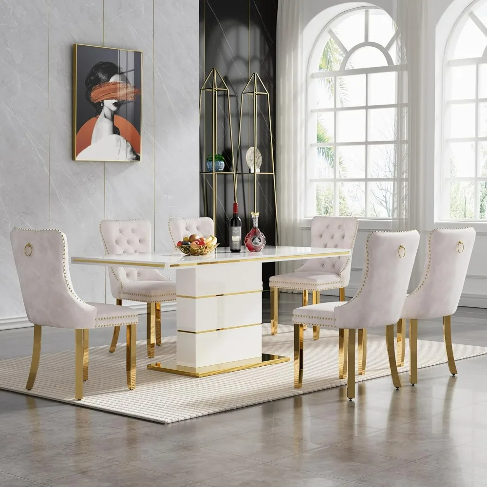 Dining Table Set for 6, Table Set with Tufted Dining Chairs, Kitchen Tables w/Stainless Steel Base, Dining Tables and Chairs Set