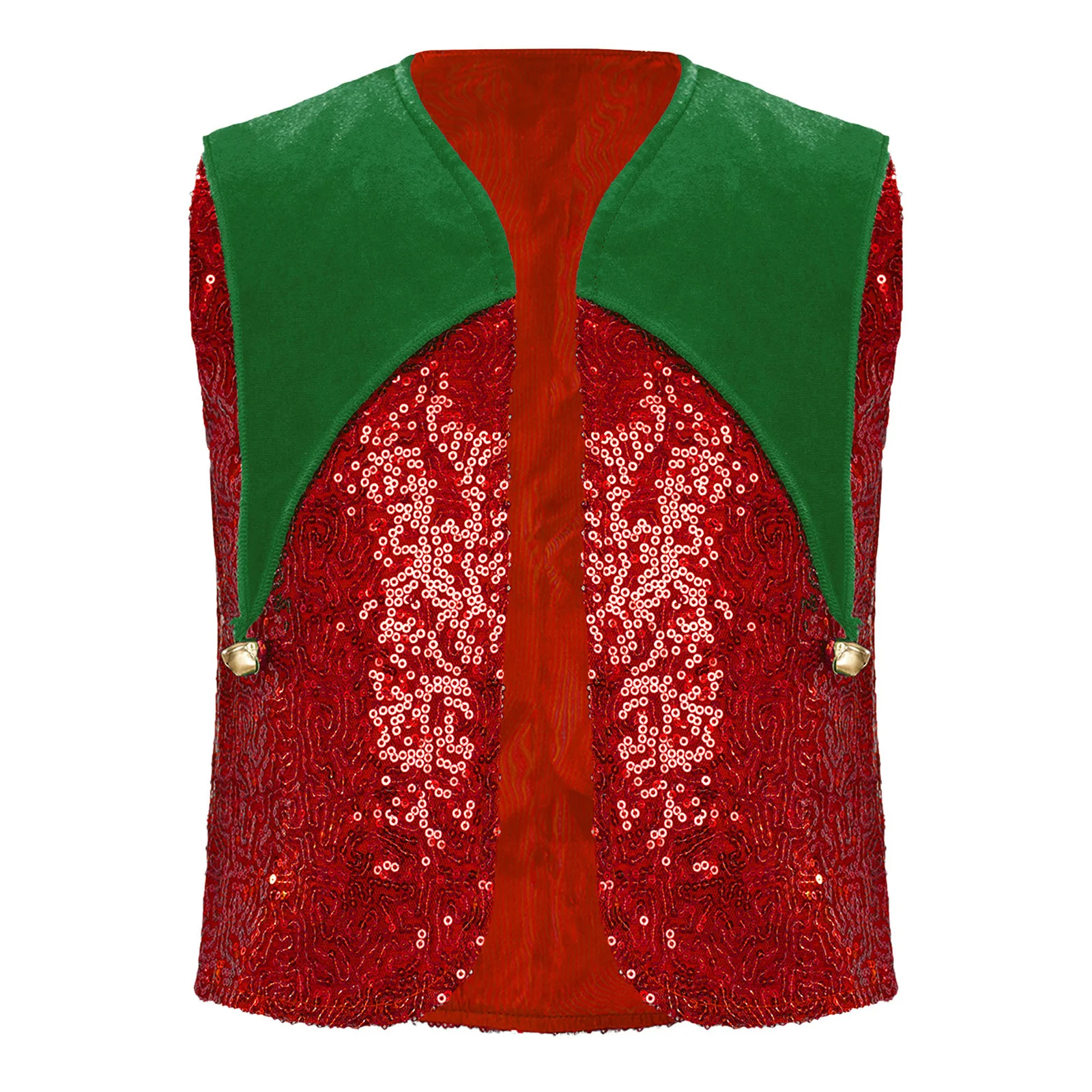 Boys Girls Christmas Elf Vest Santa Costume Open Front Velvet Sequin Waistcoat for Xmas Party Dance School Choir Performance
