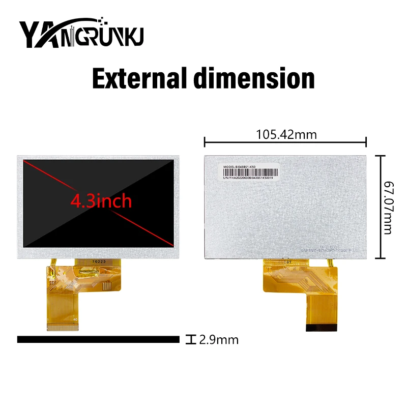 4.3 Inch LCD Module 800x480 High Brightness 500 Nits TFT Display 40 Pin RGB Interface Wide Temp Industrial Screen BI043BS1-K50