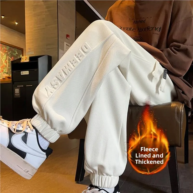 

Men's Fce Lined Dstring Sweatpants American Sle Steel Stamp 3D Lettering Trendy Casual Sports Pants All Match Long Tr...