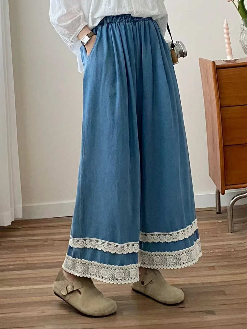 Nuovi pantaloni in denim di cotone estivo 2025, patchwork di pizzo elastico in vita da donna, jeans a gamba larga INS per pendolari retrò Mori Girl B56626CC