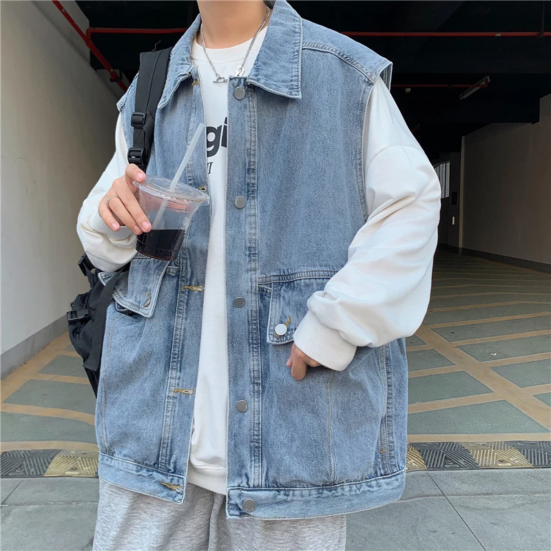 Retro Washed Denim Vest Jacket Men's Trendy Loose Sleeveless Boyfriend Shoulder Jacket Breathable Casual Cotton Polyester