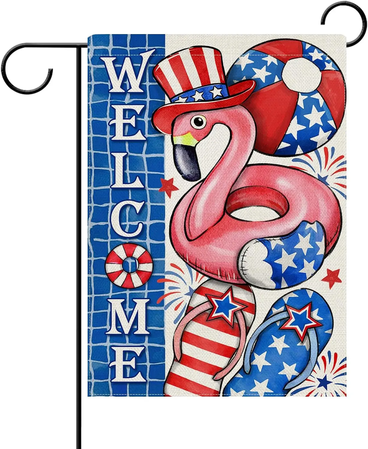 Dyrenson Welcome 4th of July Patriotic Decorative Garden Flag, Summer Pool | Flamingo Swim Ring Flip Flops Ball America Yard uui
