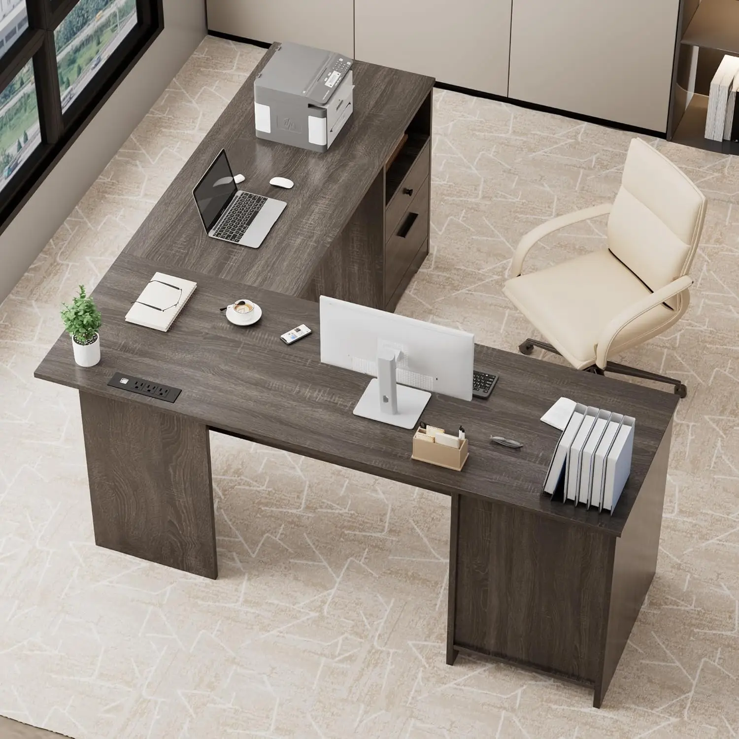 

L Shaped Desk with File Drawer, 60 Inch Corner Desk with Storage Drawers & Cabinet, Large Home Office Desk with Power Outlets