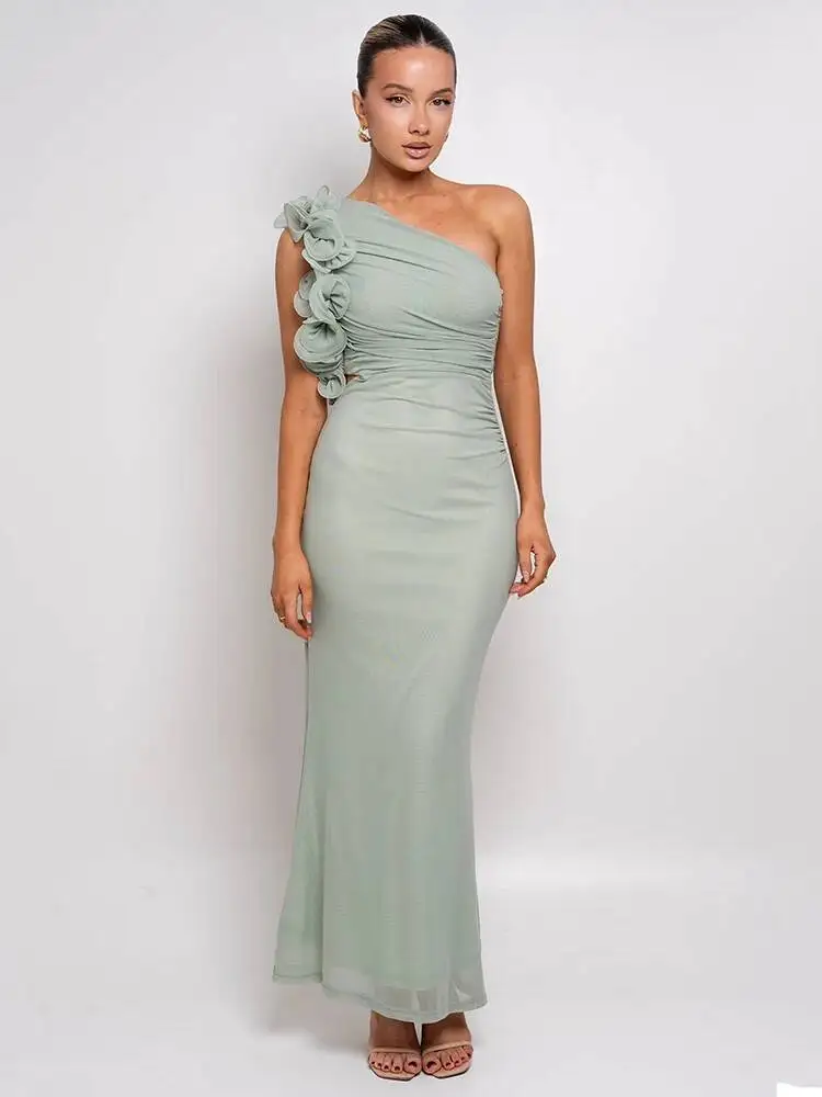 

Floral Mesh Ruched Sexy Maxi For Women Gown Oblique Shoulder Sleeveless Backless Bodycon Long Dress
