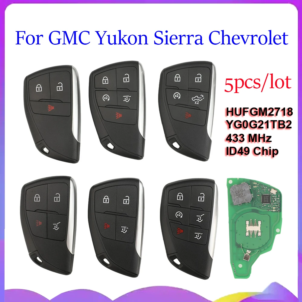 Jingyuqin New 5pcs Smart Car Key 433MHz ID49 For GMC Yukon Sierra Chevrolet Tahoe Suburban Silverado Buick HUFGM2718/YG0G21TB2