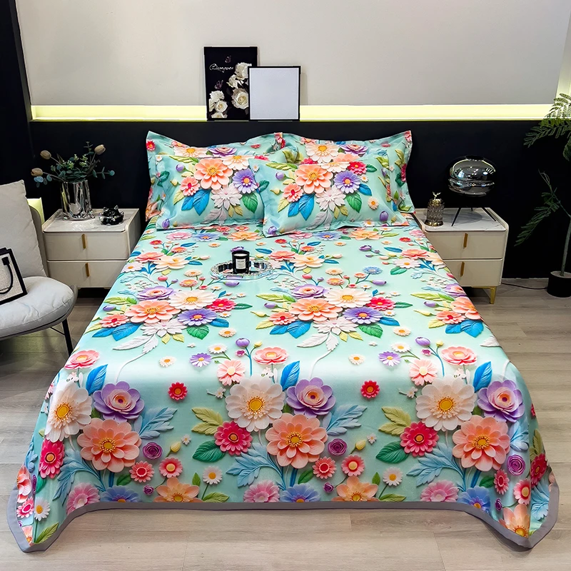 Summer cool bed cover Luxury double size mat Ice silk linen sets Air conditioning full bed sheets set Mattress with pillowcases