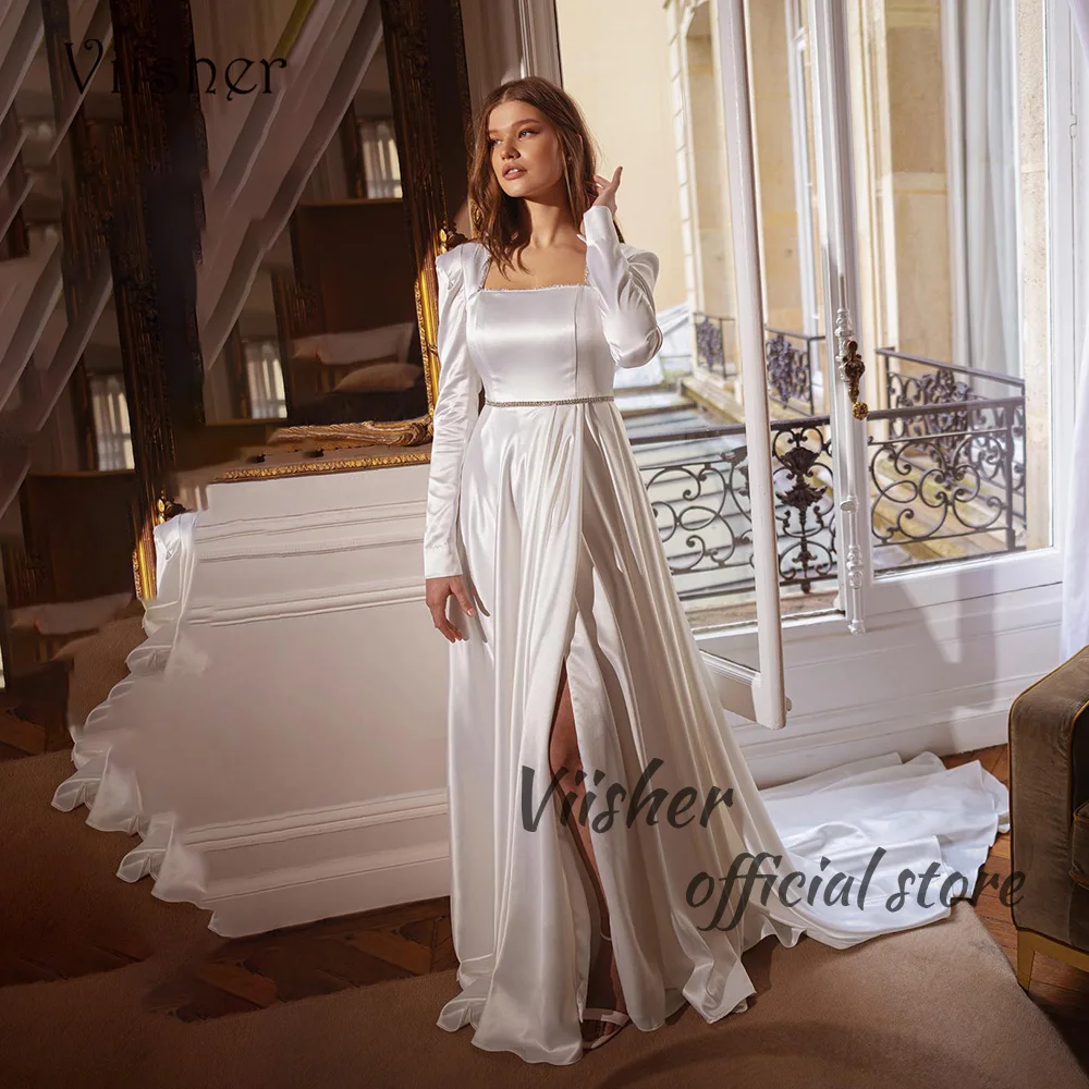 

Viisher White A Line Wedding Dresses Draped Satin Side Split Elegant Bridesmaid Dress Long Sleeve Woman Wedding Party Gowns