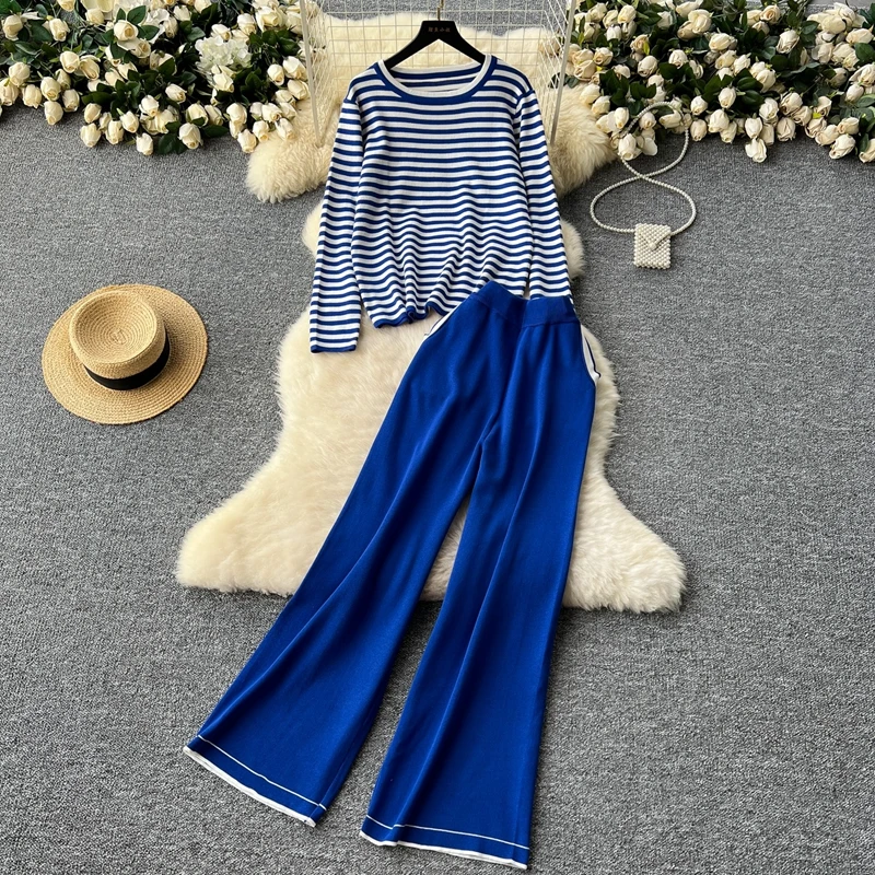 2 Piece Set Women's Outfit 2024 Autumn Winter New Style Round Neck Striped Knitted Sweater and High Waist Wide Leg Pants Suit