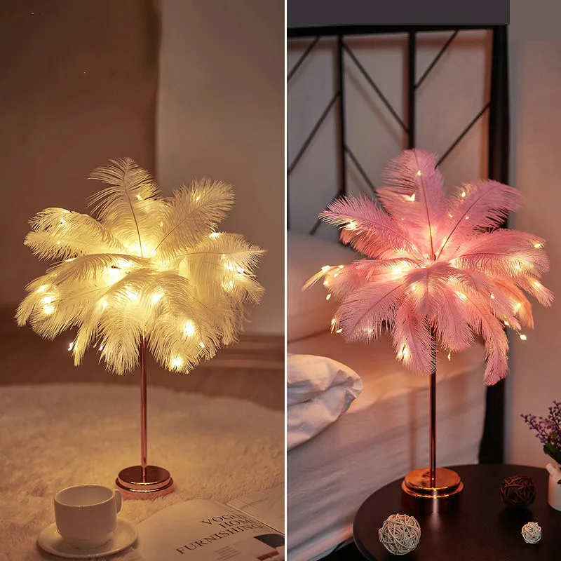 LAYSDA LED TOY feather lamp table lamp night light bedroom ins girl heart bedside lamp modern wedding decoration small lantern