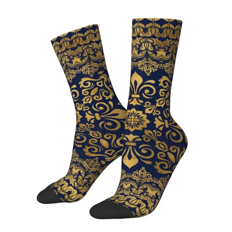 

Oriental Damask Fleur De Lis Dress Socks Men's Women's Warm Fashion Fleur-De-Lys Lily Flower Crew Socks