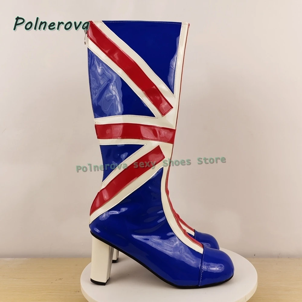 الاتحاد جاك منصة أحذية الموضة جولة تو سميكة وحيد مختلط الألوان سحب على فتاة حار حذاء برقبة للركبة نمط الشارع 2025 الاتجاه