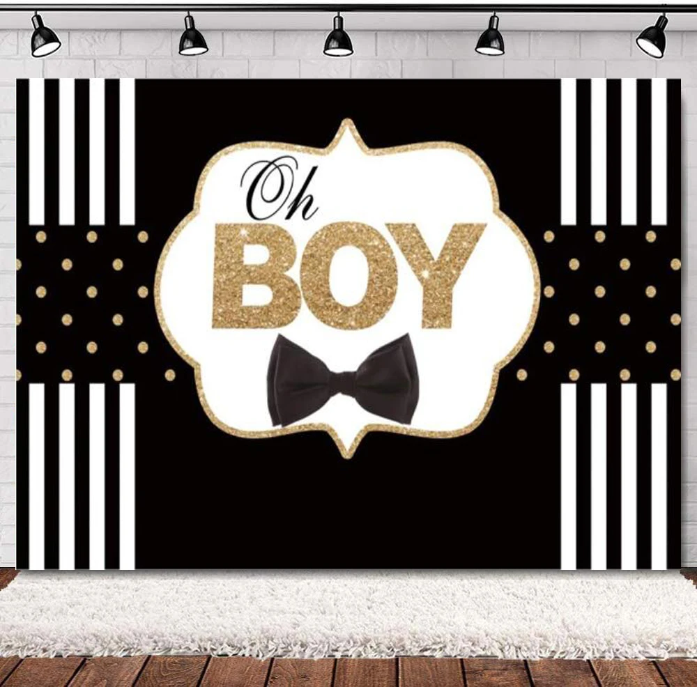 Baby Shower Photography Backdrop Oh Boy Black Bow Tie Gold Glitter Dot Black and White Striped Background Newborn Party Decor