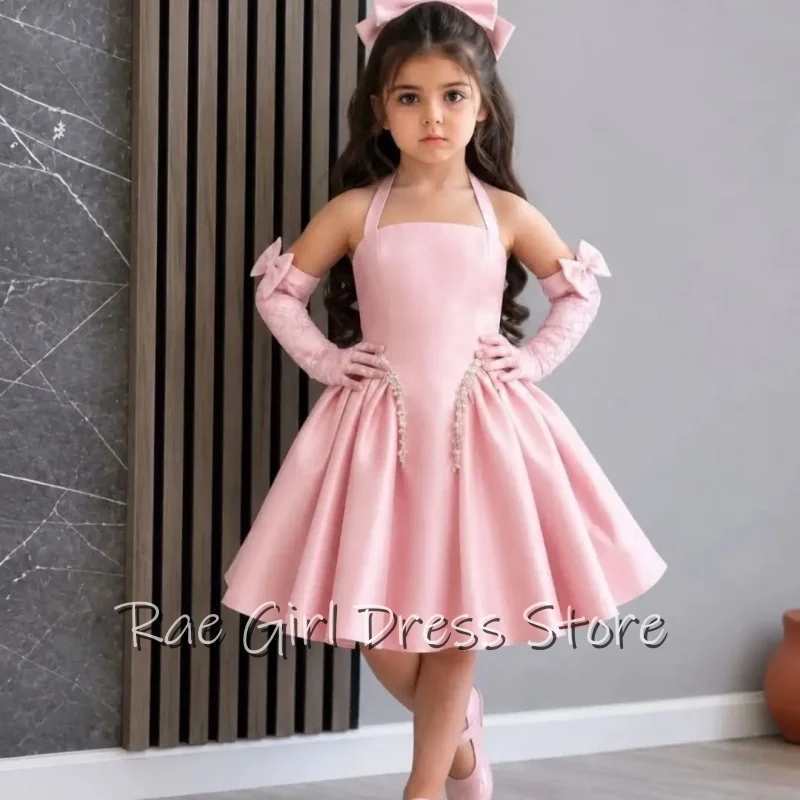 Princess Pink Satin Flower Girl Dress A Line Flared Midi Gown For Birthday Studio Photoshoot Customized