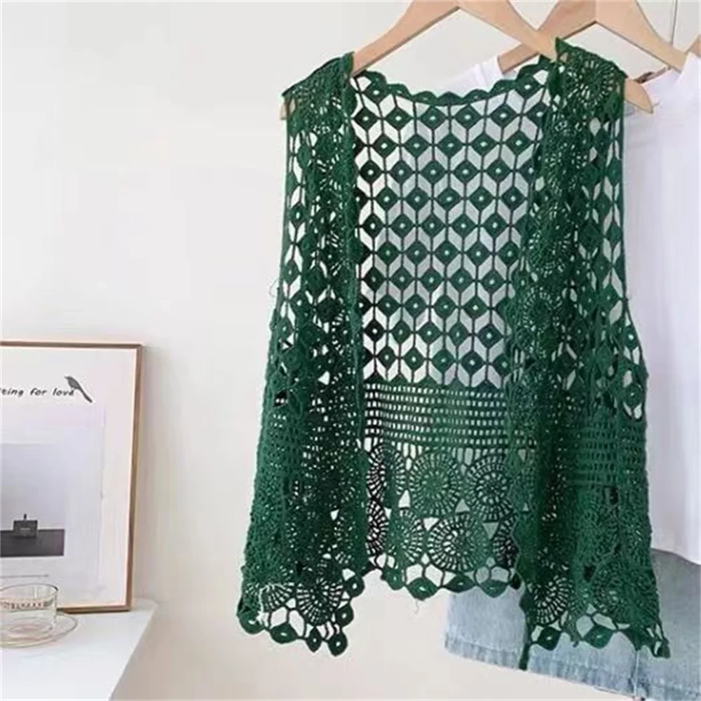 Fashion Solid Vests Women V-neck Embroidered Korean Style Sleeveless Cardigans Casual Hollow Out Design Waistcoats for Women