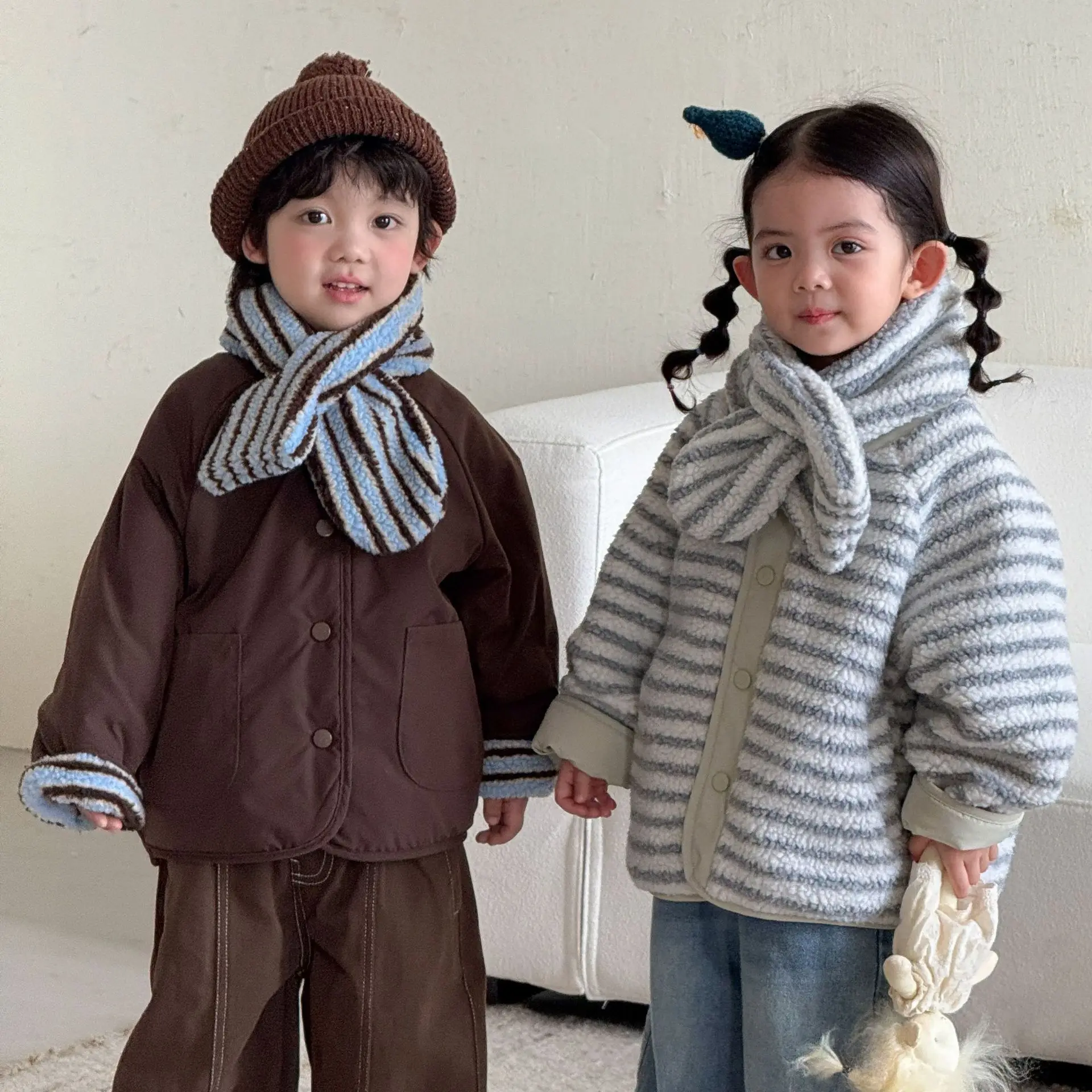 2026 Winter New Children Warm Lamb Fleece Coat Boys Plus Velvet Thick Striped Jacket Girls Quilted Cotton Coat Kids Clothes