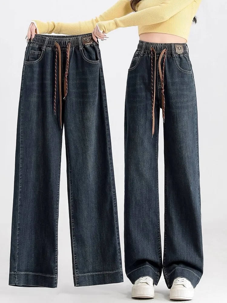 

Женские свободные джинсы с эластичным поясом, высокой талией, повседневные, осенние, из прочной джинсовой ткани, с декоративными элементами, широкие брюки
