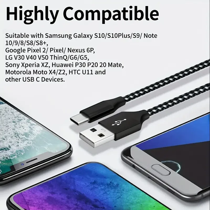 1 قطعة 3 قطعة كابل USB A إلى Type-C كابل مضفر من النايلون 18 وات 480 ميجابت في الثانية متوافق مع iPhone 16 15 لجهاز iPad MacBook، لهاتف Galaxy S25 S24