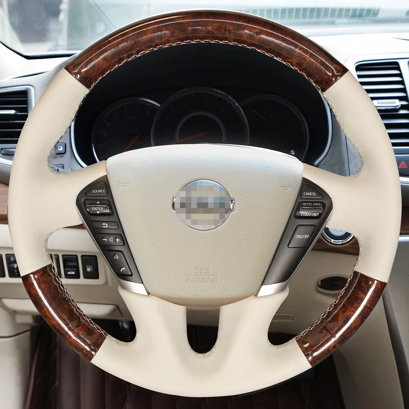 For Nissan Teana Murano Z51 Elgrand Quest Hand Stitched Off white genuine Leather non-slip Car Steering Wheel Cover