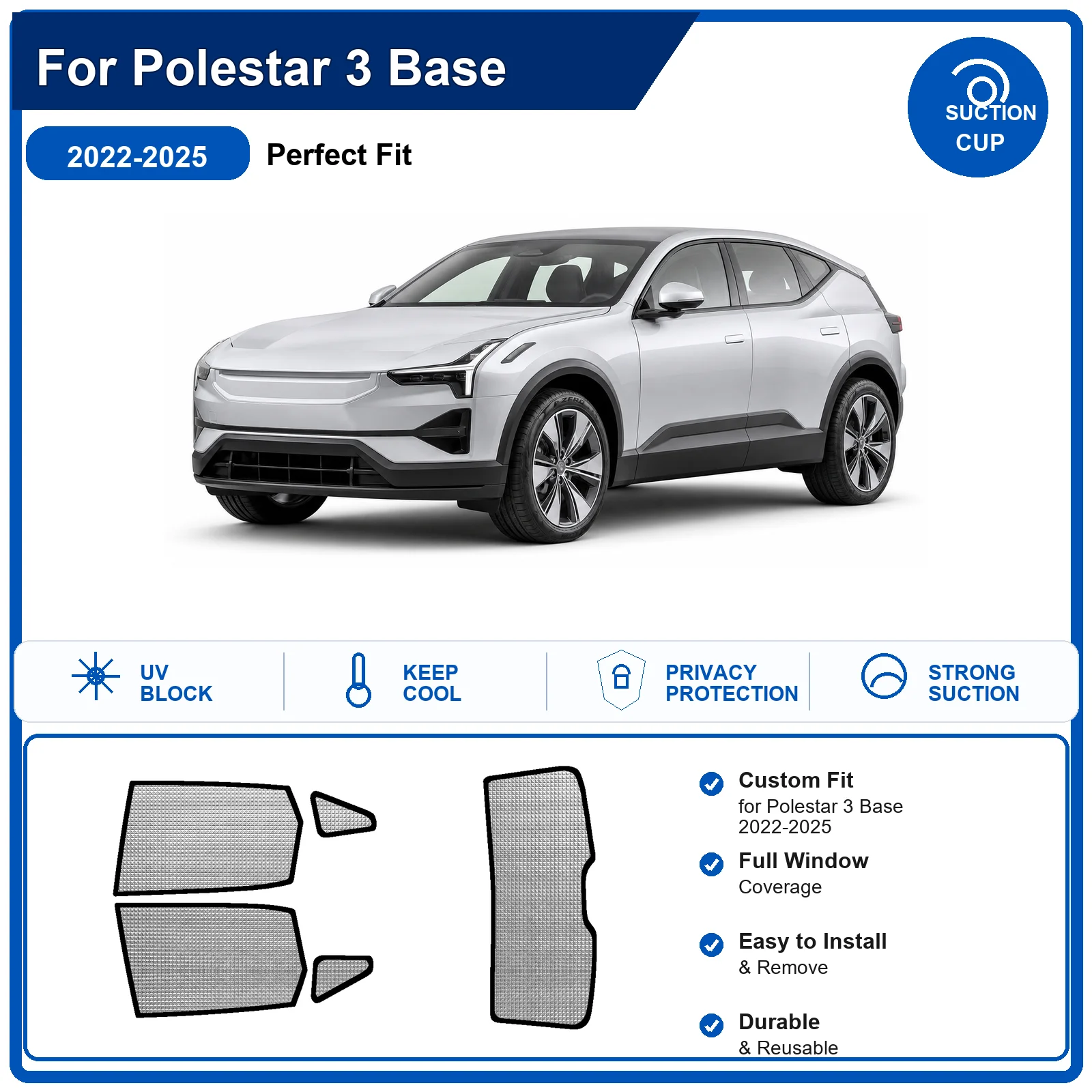 For Polestar 3 Base 2022-2025 Custom Full Set Windshield Sun Shade Aluminum Foil Heat Insulation Anti UV Foldable