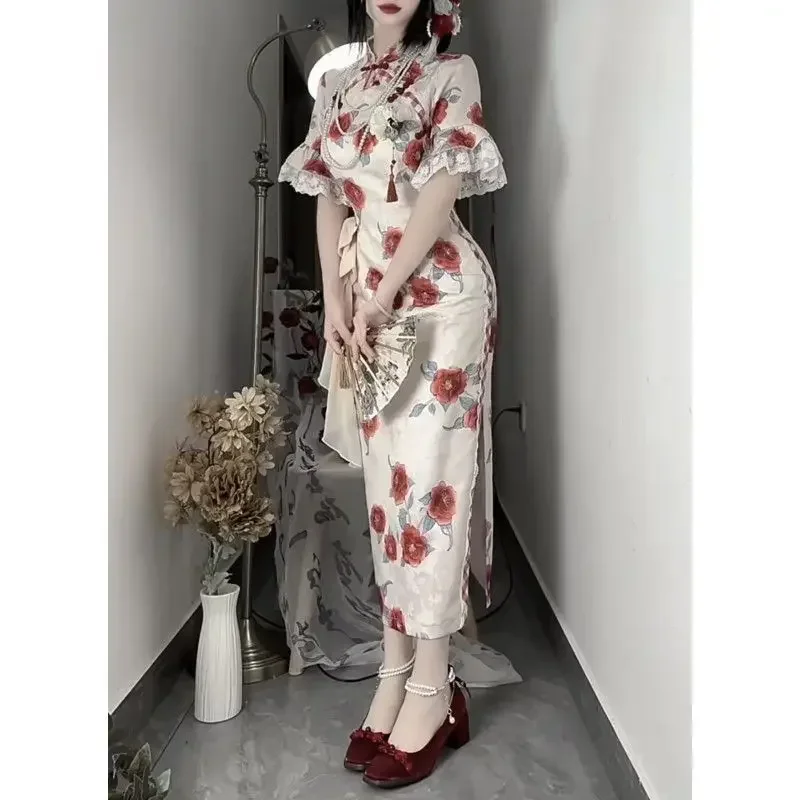 Gothic Style Rose Printed Lace Stitching Side Slit Cheongsam Dress Women Improved Chinese Style Lolita Dresses Qipao Vestidos