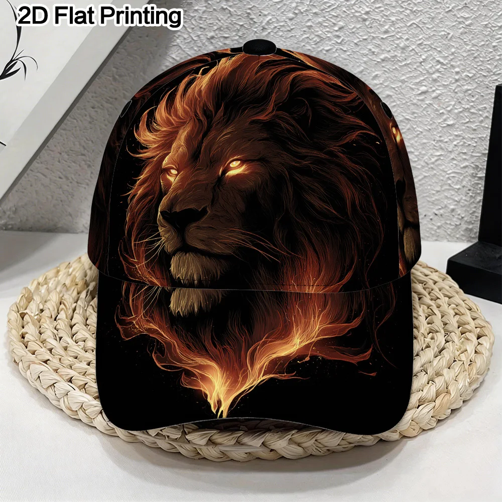 Fiery Majestic Lion Printed Baseball Cap Polyester Fiber Material Adjustable Design Perfect for Running Sports and Street